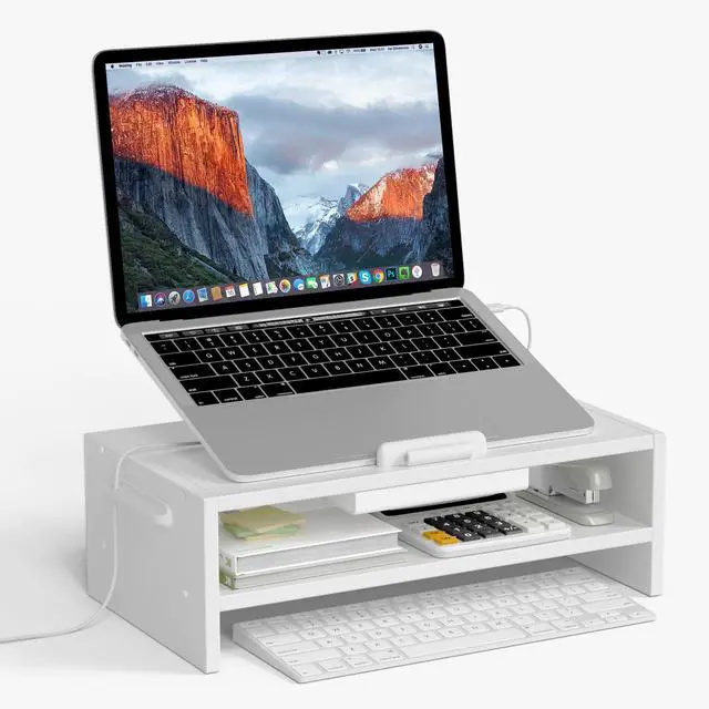 Main image of Adjustable Wood Laptop Stand, Ergonomic Height Angles Computer Holder Riser for Desk Compatible with Air, Pro, Dell, HP, Lenovo More 10-17.3" Laptops, White