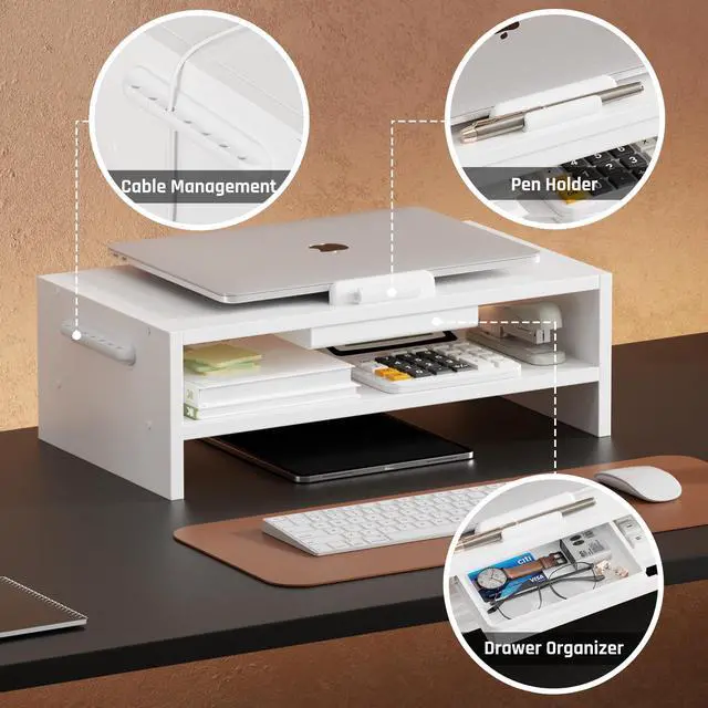 Alt view image 4 of 7 - Adjustable Wood Laptop Stand, Ergonomic Height Angles Computer Holder Riser for Desk Compatible with Air, Pro, Dell, HP, Lenovo More 10-17.3" Laptops, White