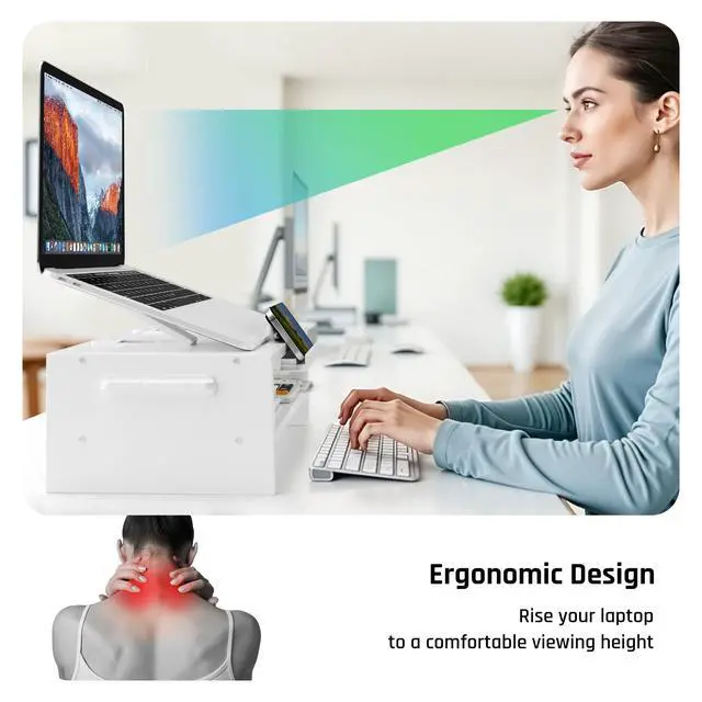 Alt view image 5 of 7 - Adjustable Wood Laptop Stand, Ergonomic Height Angles Computer Holder Riser for Desk Compatible with Air, Pro, Dell, HP, Lenovo More 10-17.3" Laptops, White