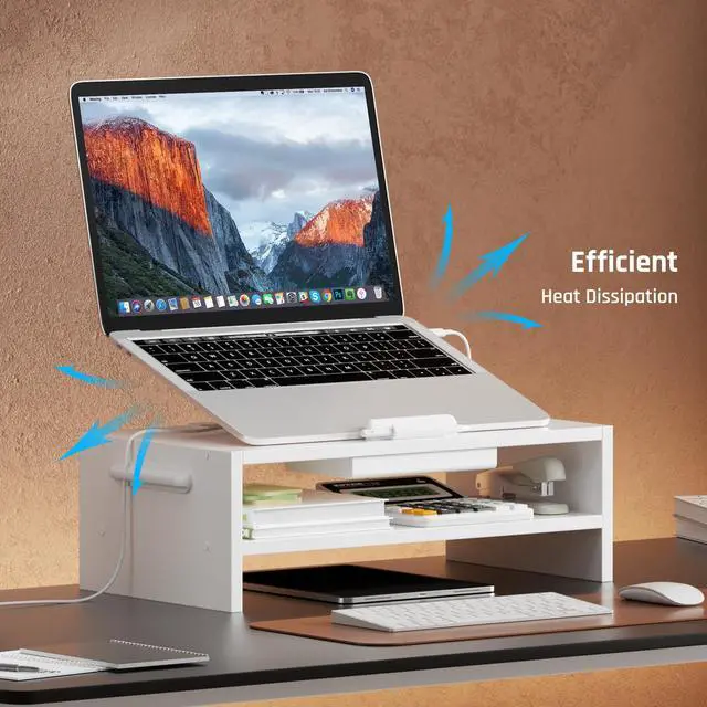 Alt view image 3 of 7 - Adjustable Wood Laptop Stand, Ergonomic Height Angles Computer Holder Riser for Desk Compatible with Air, Pro, Dell, HP, Lenovo More 10-17.3" Laptops, White