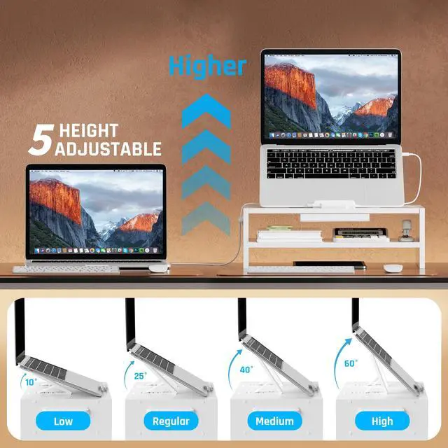 Alt view image 2 of 7 - Adjustable Wood Laptop Stand, Ergonomic Height Angles Computer Holder Riser for Desk Compatible with Air, Pro, Dell, HP, Lenovo More 10-17.3" Laptops, White