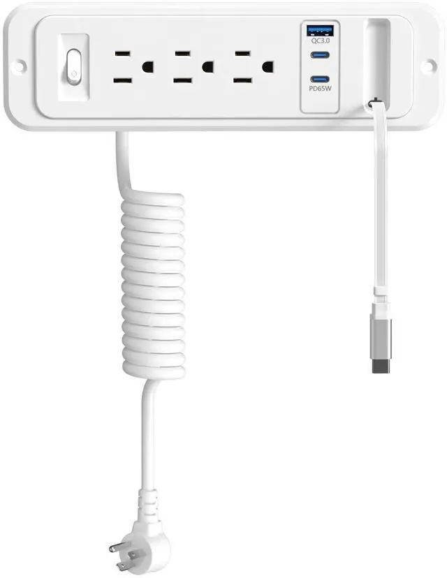 Main image of 65W USB Recessed Power Strip with 60cm Retractable USB C Cable,Flush Mount | Furniture Drawer Outlet kit insert in 4 USB & (3) 15 Amp AC Outlets, Hidden Charging Station for Desktop