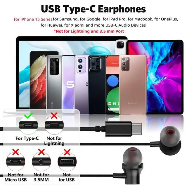 Alt view image 2 of 7 - USB C Headphones, Type C Wired Earbuds Magnetic, Bass Stereo, Black | Noise Canceling In-Ear Earphones Mic for iPhone 17 16 15 Pro Max iPad 10 Pixel 9 8 7 for Samsung Galaxy S26 S25 Ultra S23 A16