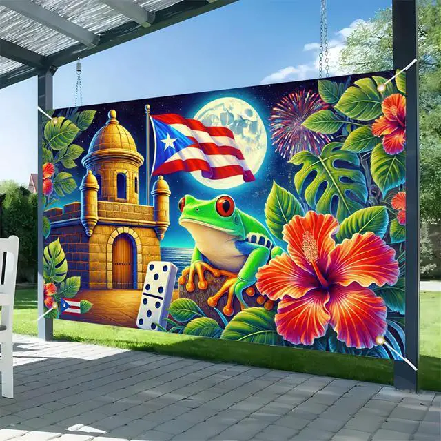 Main image of Puerto Rican Flag Banner 71x43 in Puerto Rico Party Decorations | Indoor Outdoor Party Decor Puerto Rico Events Festivals Wall Banner Hibiscus and Frog Design for Home and Events