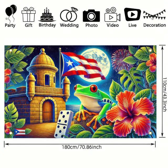 Alt view image 2 of 5 - Puerto Rican Flag Banner 71x43 in Puerto Rico Party Decorations | Indoor Outdoor Party Decor Puerto Rico Events Festivals Wall Banner Hibiscus and Frog Design for Home and Events
