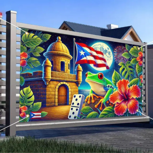 Alt view image 4 of 5 - Puerto Rican Flag Banner 71x43 in Puerto Rico Party Decorations | Indoor Outdoor Party Decor Puerto Rico Events Festivals Wall Banner Hibiscus and Frog Design for Home and Events