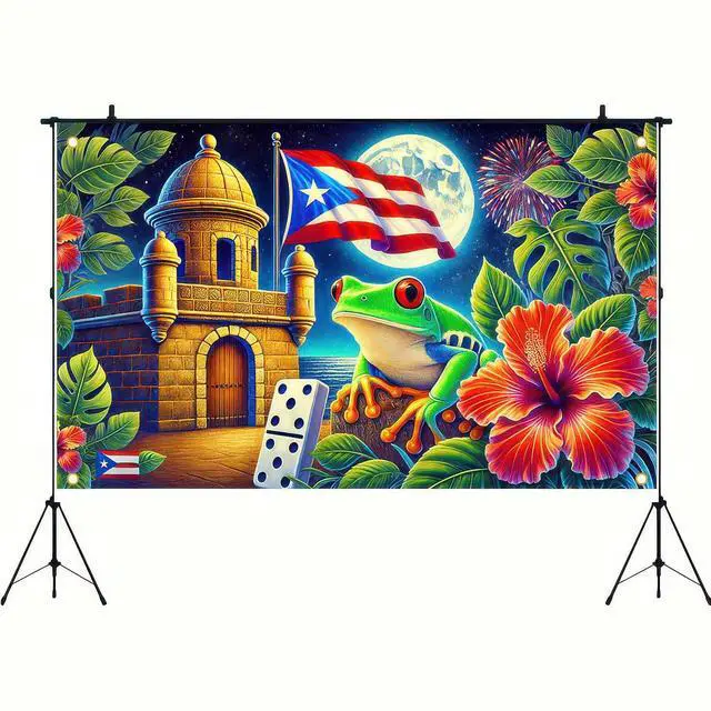 Alt view image 3 of 5 - Puerto Rican Flag Banner 71x43 in Puerto Rico Party Decorations | Indoor Outdoor Party Decor Puerto Rico Events Festivals Wall Banner Hibiscus and Frog Design for Home and Events