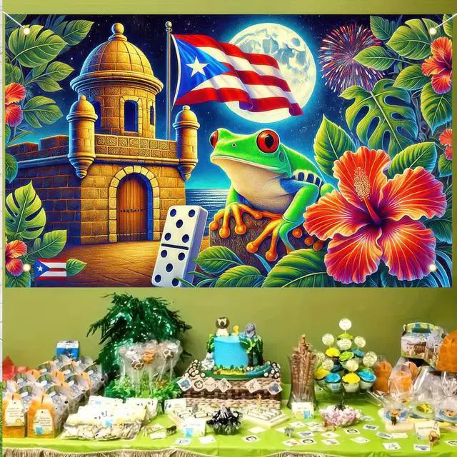 Alt view image 5 of 5 - Puerto Rican Flag Banner 71x43 in Puerto Rico Party Decorations | Indoor Outdoor Party Decor Puerto Rico Events Festivals Wall Banner Hibiscus and Frog Design for Home and Events