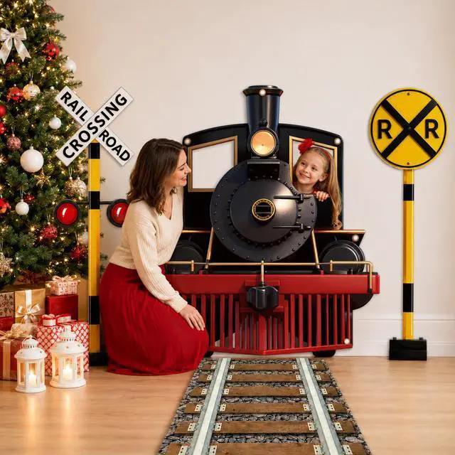 Alt view image 3 of 5 - 4Pcs Train Party Decorations Train Theme Photography Backdrop Banner Railroad Track Aisle Runner Traffic Crossing Sign Background Photo Booth Props for School Classroom Home Birthday Party Supplies