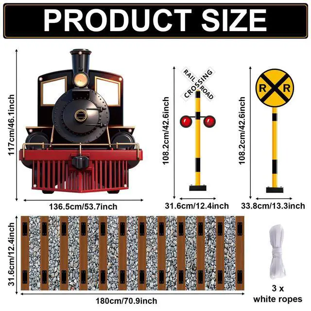Alt view image 2 of 5 - 4Pcs Train Party Decorations Train Theme Photography Backdrop Banner Railroad Track Aisle Runner Traffic Crossing Sign Background Photo Booth Props for School Classroom Home Birthday Party Supplies
