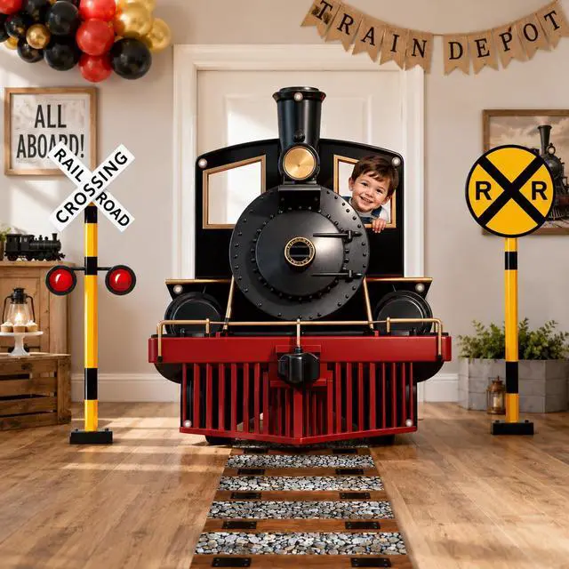 Main image of 4Pcs Train Party Decorations Train Theme Photography Backdrop Banner Railroad Track Aisle Runner Traffic Crossing Sign Background Photo Booth Props for School Classroom Home Birthday Party Supplies