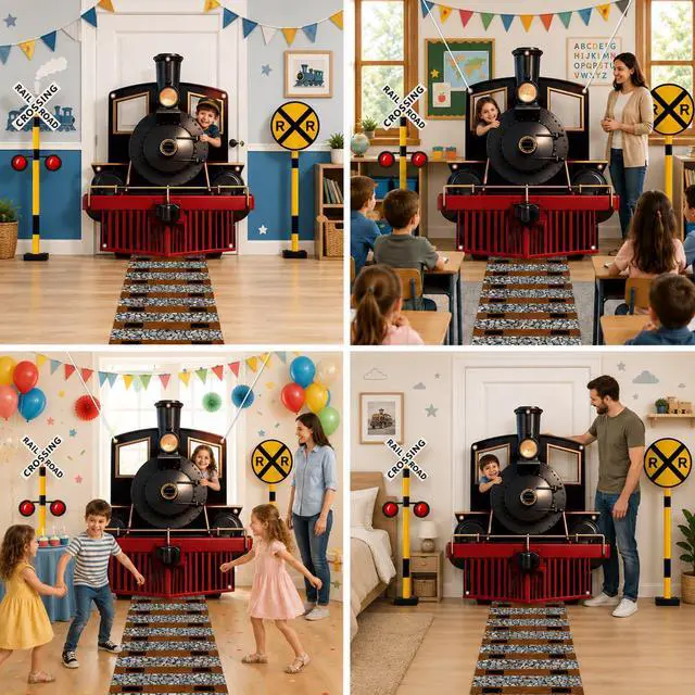 Alt view image 4 of 5 - 4Pcs Train Party Decorations Train Theme Photography Backdrop Banner Railroad Track Aisle Runner Traffic Crossing Sign Background Photo Booth Props for School Classroom Home Birthday Party Supplies