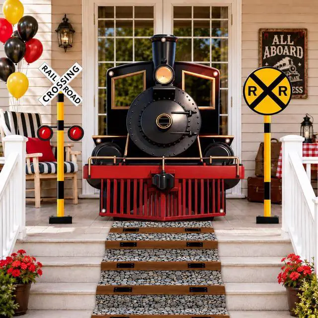Alt view image 5 of 5 - 4Pcs Train Party Decorations Train Theme Photography Backdrop Banner Railroad Track Aisle Runner Traffic Crossing Sign Background Photo Booth Props for School Classroom Home Birthday Party Supplies