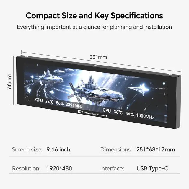 Alt view image 6 of 7 - Trofeo Vision LCD AIO Display 9.16 PC Monitor | USB Type-C Screen for Real-Time Hardware Monitoring, with Preset Themes for Gaming PC Case/CPU Cooler