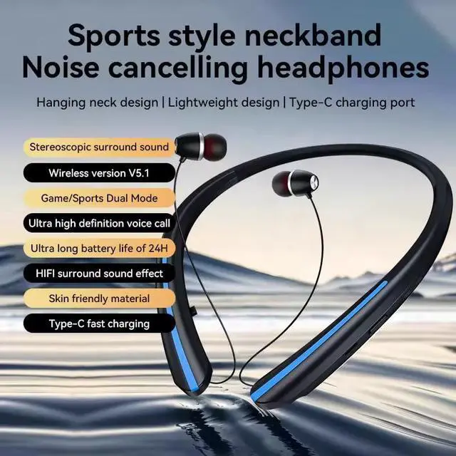 Alt view image 2 of 7 - Neckband Bluetooth Headphones, 24H Playtime Wireless Neckband Headphones with Retractable Earbuds, HiFi Stereo Noise Cancelling Neckband Earphones for Sports Running