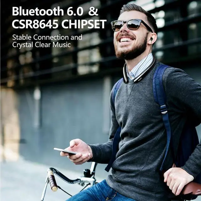 Alt view image 4 of 7 - Neckband Bluetooth Headphones, 24H Playtime Wireless Neckband Headphones with Retractable Earbuds, HiFi Stereo Noise Cancelling Neckband Earphones for Sports Running