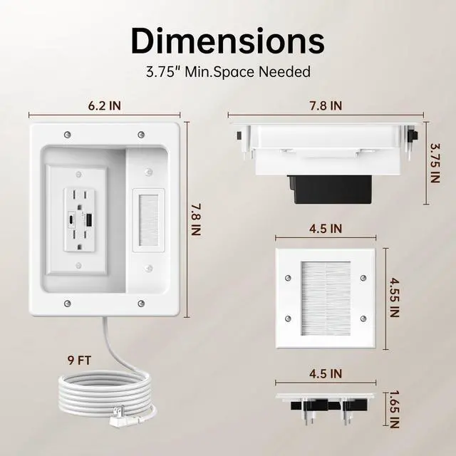 Alt view image 7 of 7 - in Wall Cable Management Kit with Recessed Power Outlet for Home Theater | Dual AC Outlet and USB A+C Port, TV Cord Hider for Wall Mounted TV - 9FT Cord, HDMI TV Cable Hider, Safe Cable, Easy Setup