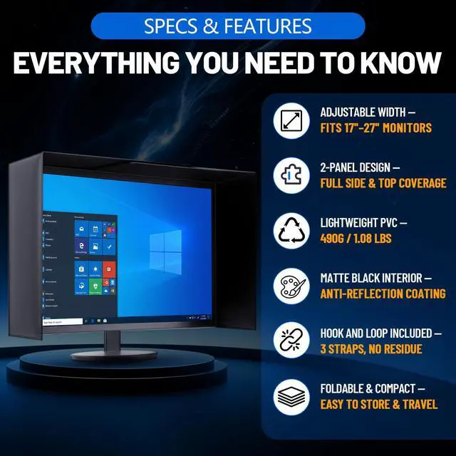 Alt view image 5 of 7 - 1 Set Adjustable Monitor Hood Sunshade, 1727 Inch, Black PVC Screen Protector, Anti-Glare Shade, Expandable Light Blocker for Multiple Monitor Sizes, No-Tool Setup, Reduces Eye Strain