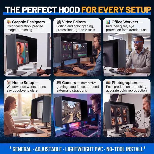 Alt view image 7 of 7 - 1 Set Adjustable Monitor Hood Sunshade, 1727 Inch, Black PVC Screen Protector, Anti-Glare Shade, Expandable Light Blocker for Multiple Monitor Sizes, No-Tool Setup, Reduces Eye Strain