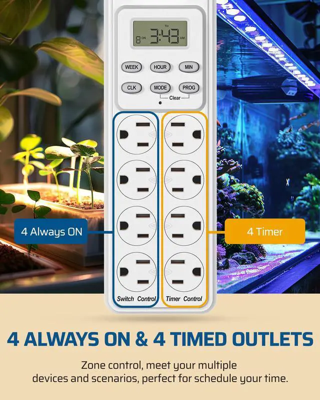 Alt view image 2 of 5 - 8 Outlet Power Strip with Timer, 6FT Cord for Bearded Dragon Tank | 4 Timed & 4 Always On, 14/3 AWG,15A Indoor Digital Outlet for Reptile Light,Turtle Grow Light,Aquarium,UL Listed