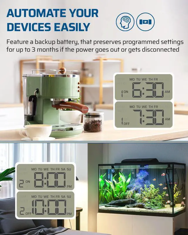 Alt view image 4 of 5 - 8 Outlet Power Strip with Timer, 6FT Cord for Bearded Dragon Tank | 4 Timed & 4 Always On, 14/3 AWG,15A Indoor Digital Outlet for Reptile Light,Turtle Grow Light,Aquarium,UL Listed
