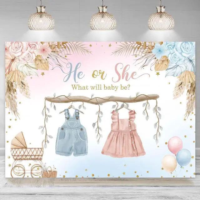 Main image of Boho Gender Reveal Backdrop He or She Sign Banner Blue and Pink Cute Baby Clothes Gender Reveal Party Decorations Pampas Grass Floral Baby Shower Party Background Supplies 7x5ft