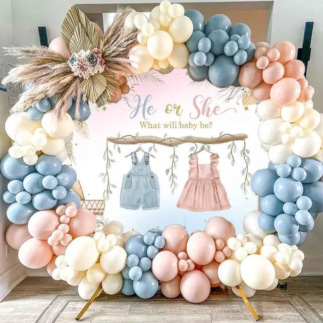 Alt view image 2 of 7 - Boho Gender Reveal Backdrop He or She Sign Banner Blue and Pink Cute Baby Clothes Gender Reveal Party Decorations Pampas Grass Floral Baby Shower Party Background Supplies 7x5ft