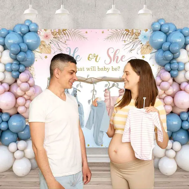 Alt view image 4 of 7 - Boho Gender Reveal Backdrop He or She Sign Banner Blue and Pink Cute Baby Clothes Gender Reveal Party Decorations Pampas Grass Floral Baby Shower Party Background Supplies 7x5ft
