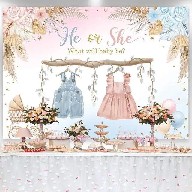 Alt view image 3 of 7 - Boho Gender Reveal Backdrop He or She Sign Banner Blue and Pink Cute Baby Clothes Gender Reveal Party Decorations Pampas Grass Floral Baby Shower Party Background Supplies 7x5ft