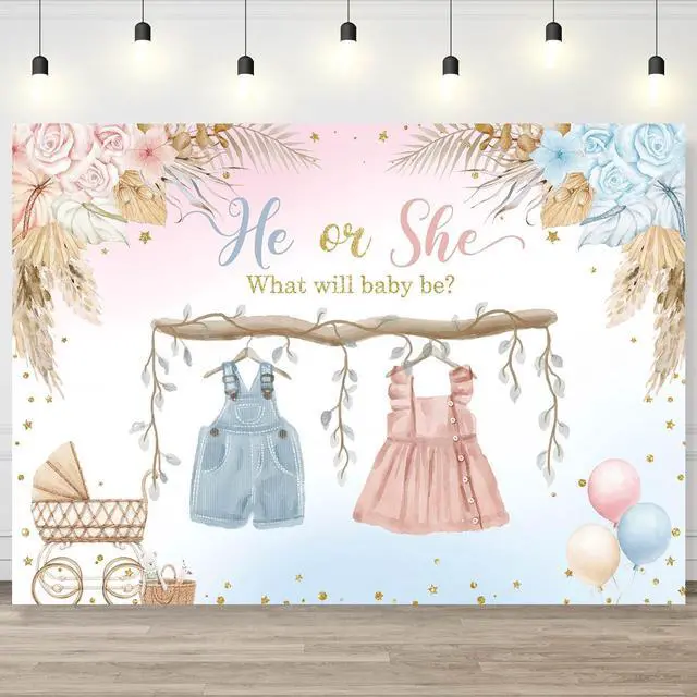 Alt view image 5 of 7 - Boho Gender Reveal Backdrop He or She Sign Banner Blue and Pink Cute Baby Clothes Gender Reveal Party Decorations Pampas Grass Floral Baby Shower Party Background Supplies 7x5ft