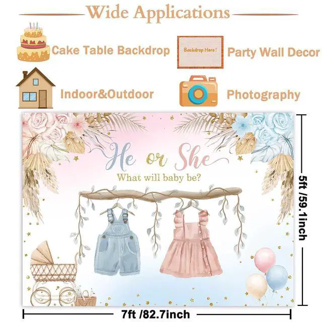 Alt view image 6 of 7 - Boho Gender Reveal Backdrop He or She Sign Banner Blue and Pink Cute Baby Clothes Gender Reveal Party Decorations Pampas Grass Floral Baby Shower Party Background Supplies 7x5ft