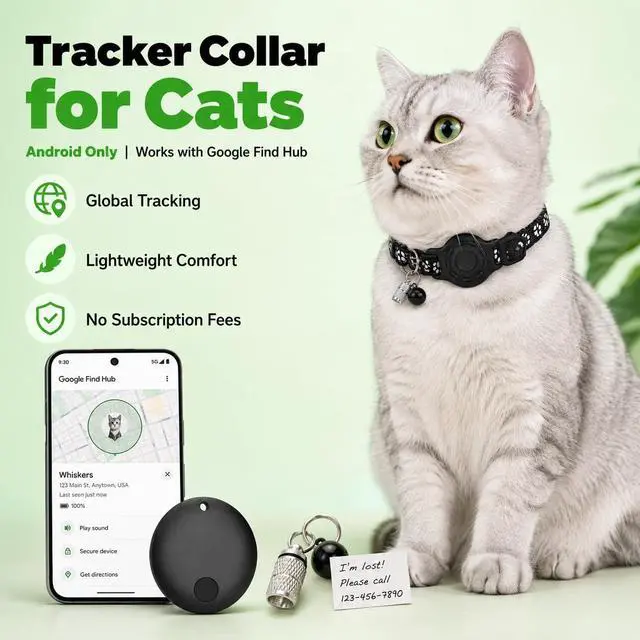 Alt view image 2 of 7 - Cat Tracker GPS for Android, Pet GPS Tracker Collar for Cats No Subscription, IP67 Waterproof Cat Collar with Tracker Compatible with Google Find Hub Replaceable 1-Year Battery, Android Only (Black)