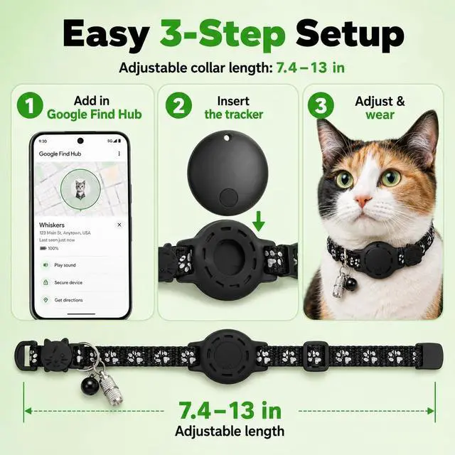 Alt view image 6 of 7 - Cat Tracker GPS for Android, Pet GPS Tracker Collar for Cats No Subscription, IP67 Waterproof Cat Collar with Tracker Compatible with Google Find Hub Replaceable 1-Year Battery, Android Only (Black)