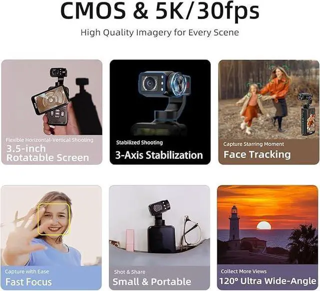 Alt view image 2 of 6 - M5 3-Axis Stabilized Pocket Camera, 5K/4K Video, 48MP Still, Night Vision, 3.5" Touch Flip Screen, Face Follow, 1/2.5" Sensor, YouTube Content Creator Kit