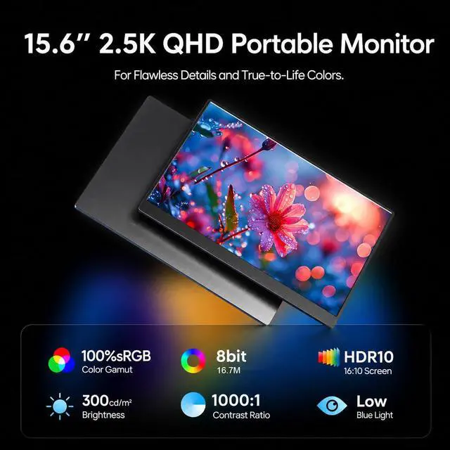 Alt view image 3 of 7 - 2.5K Portable Monitor, 15.6 inch 2560x1600 QHD External Monitor 100% sRGB Eye Care USB-C HDMI Second Screen for Laptop Mac Phone PS4/5 Xbox Switch