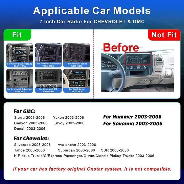 Alt view image 3 of 7 - Car Radio Stereo for 2003 2004 2005 2006 Chevy Silverado Tahoe GMC Sierra Yukon Tahoe Impala8(Without Bose System)7 Inch Touchscreen with Wireless Apple CarPlay & Android Auto/GPS/SWC/FM Radio Linux