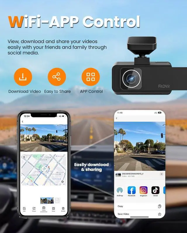 Alt view image 4 of 7 - 4K 3 Channel Dash Cam, 2160P+1080P+1080P Front and Rear Inside Car Camera with 64GB Card, WiFi Built-in GPS, 3 IPS Screen, IR Night Vision, G Sensor, WDR(F3)
