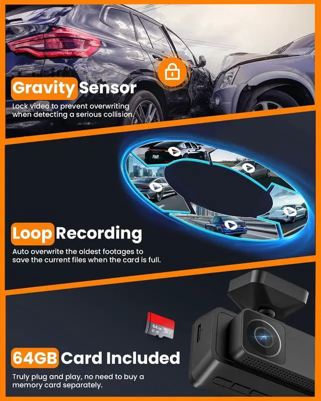 Alt view image 5 of 7 - 4K 3 Channel Dash Cam, 2160P+1080P+1080P Front and Rear Inside Car Camera with 64GB Card, WiFi Built-in GPS, 3 IPS Screen, IR Night Vision, G Sensor, WDR(F3)