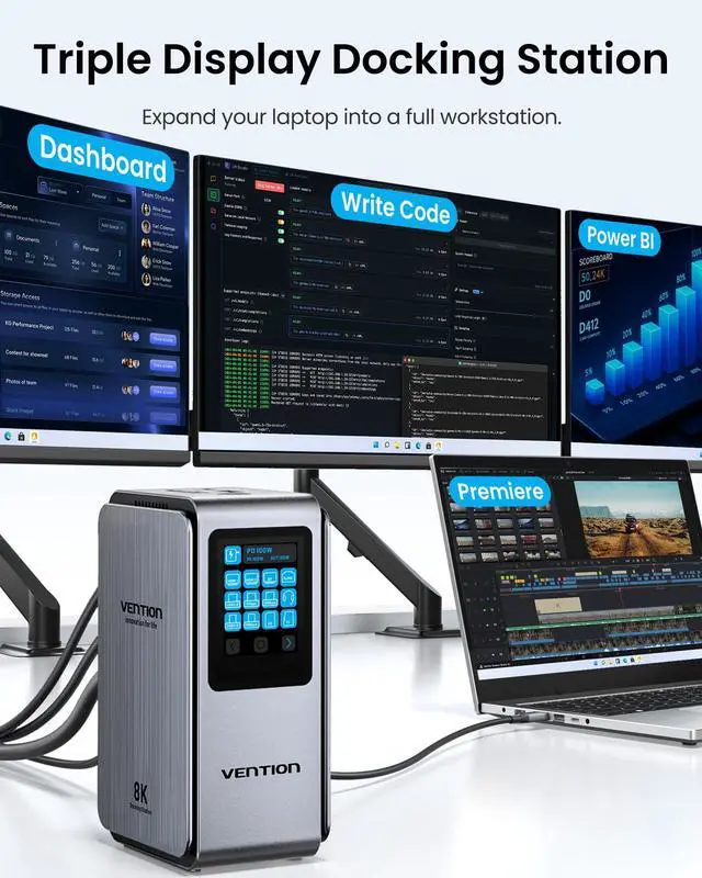 Alt view image 3 of 7 - 13-in-1 Laptop Docking Station 3 Monitors with Touchable Screen Display,USB C Dock Dual Monitor for Dell,HP and MacBook,8K Display 1*DP,2*HDMI,10Gbps USB 3.2,100W PD with 2*USB-C Cable, Gray