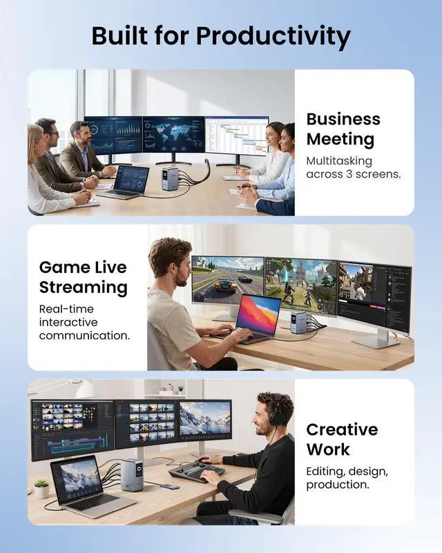 Alt view image 6 of 7 - 13-in-1 Laptop Docking Station 3 Monitors with Touchable Screen Display,USB C Dock Dual Monitor for Dell,HP and MacBook,8K Display 1*DP,2*HDMI,10Gbps USB 3.2,100W PD with 2*USB-C Cable, Gray