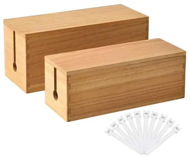 Main image of Wooden Cable Management Box Set of 2, Cord Organizer, Natural | Large and Small Solid Wood Boxes with Removable Lids for Power Strips, Chargers, Routers, and Desks Home Office