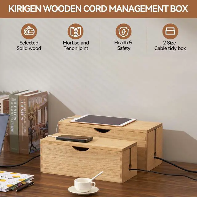 Alt view image 2 of 7 - Wooden Cable Management Box Set of 2, Cord Organizer, Natural | Large and Small Solid Wood Boxes with Removable Lids for Power Strips, Chargers, Routers, and Desks Home Office