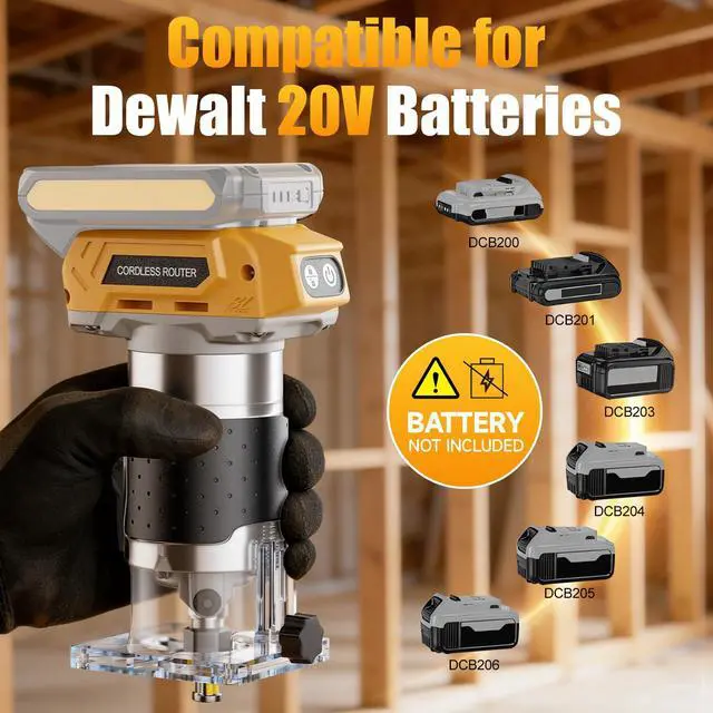 Alt view image 2 of 7 - Brushless Cordless Router for Woodworking, Compatible with Dewalt 20V Battery (Battery Not Included), 6-Speed, 30000-RPM Trim Router, 15-Pcs Trim Bits for Edge Trimming, Grooving (Black and Yellow)