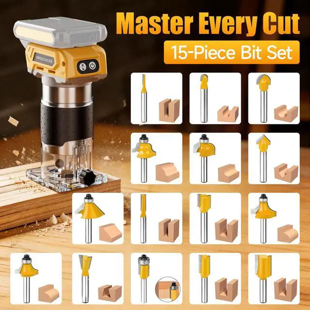 Alt view image 3 of 7 - Brushless Cordless Router for Woodworking, Compatible with Dewalt 20V Battery (Battery Not Included), 6-Speed, 30000-RPM Trim Router, 15-Pcs Trim Bits for Edge Trimming, Grooving (Black and Yellow)