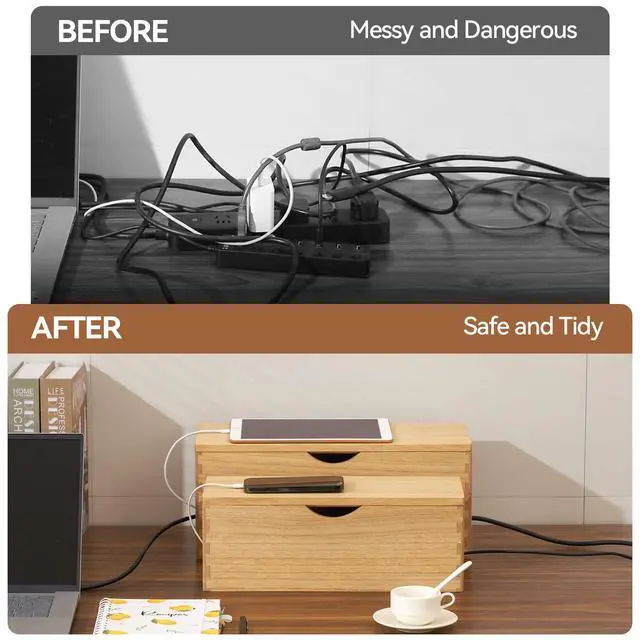 Alt view image 5 of 7 - Wooden Cable Management Box Set of 2, Cord Organizer, Natural | Large and Small Solid Wood Boxes with Removable Lids for Power Strips, Chargers, Routers, and Desks Home Office