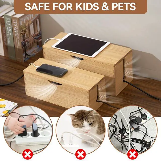 Alt view image 6 of 7 - Wooden Cable Management Box Set of 2, Cord Organizer, Natural | Large and Small Solid Wood Boxes with Removable Lids for Power Strips, Chargers, Routers, and Desks Home Office