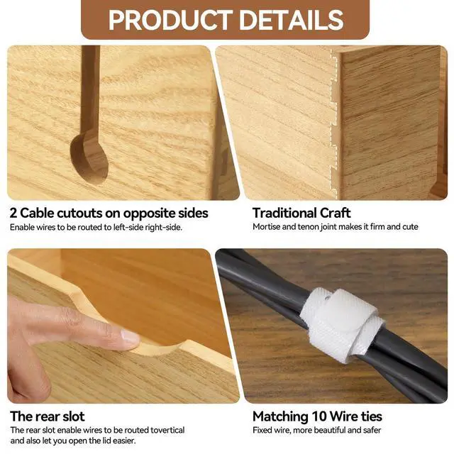 Alt view image 4 of 7 - Wooden Cable Management Box Set of 2, Cord Organizer, Natural | Large and Small Solid Wood Boxes with Removable Lids for Power Strips, Chargers, Routers, and Desks Home Office