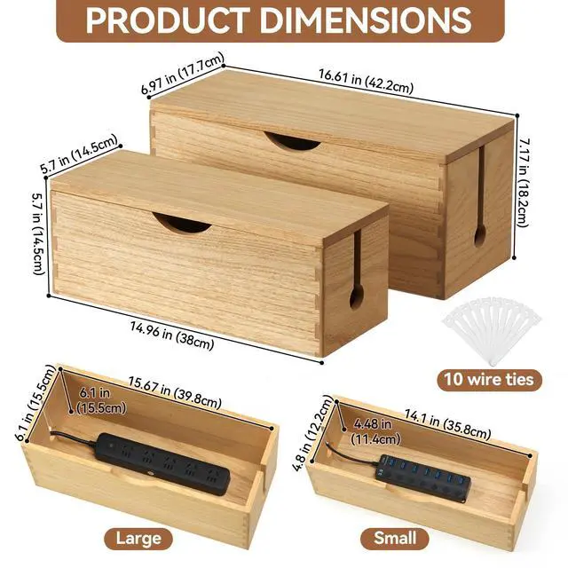 Alt view image 3 of 7 - Wooden Cable Management Box Set of 2, Cord Organizer, Natural | Large and Small Solid Wood Boxes with Removable Lids for Power Strips, Chargers, Routers, and Desks Home Office