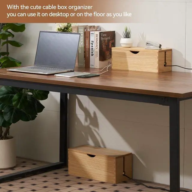 Alt view image 7 of 7 - Wooden Cable Management Box Set of 2, Cord Organizer, Natural | Large and Small Solid Wood Boxes with Removable Lids for Power Strips, Chargers, Routers, and Desks Home Office