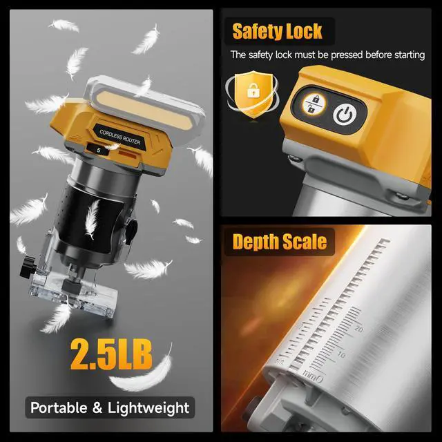 Alt view image 6 of 7 - Brushless Cordless Router for Woodworking, Compatible with Dewalt 20V Battery (Battery Not Included), 6-Speed, 30000-RPM Trim Router, 15-Pcs Trim Bits for Edge Trimming, Grooving (Black and Yellow)